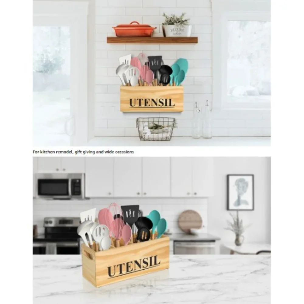 XL - Pine Wood Kitchen Cooking Utensil Holder - 4 Removable Compartments